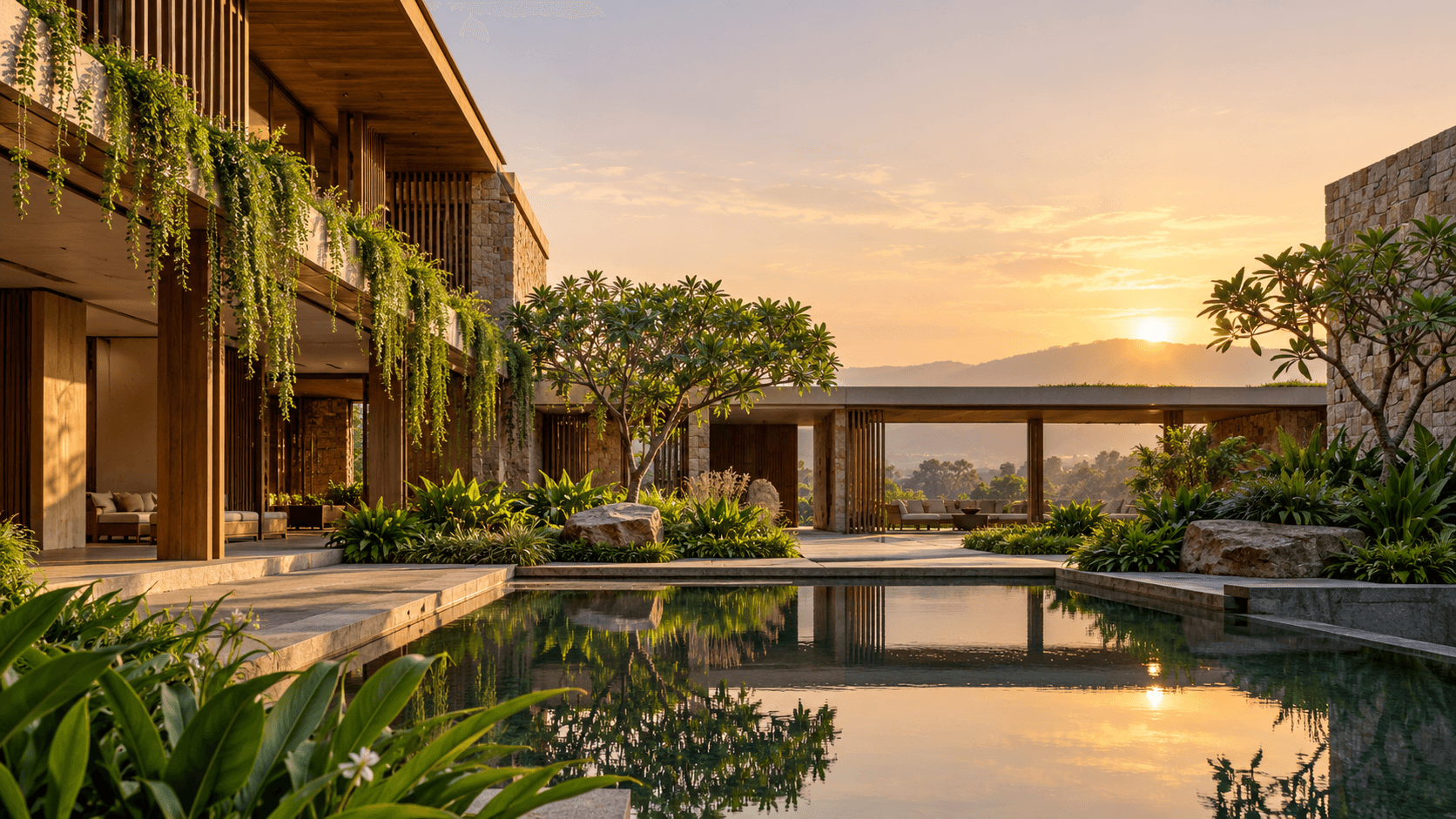 Timber and glass building with a living green facade beside a still pool at sunset