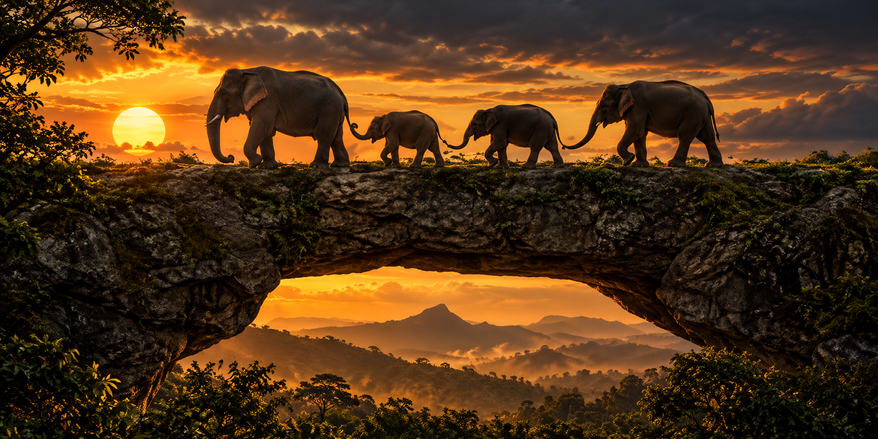 A family of elephants walking together across a stone bridge at sunset