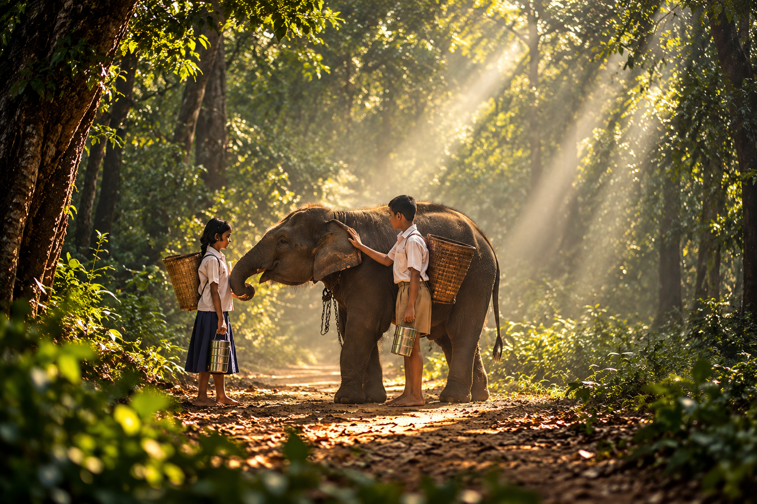 A young girl and boy tending to an elephant on a forest path, sunlight filtering through the trees